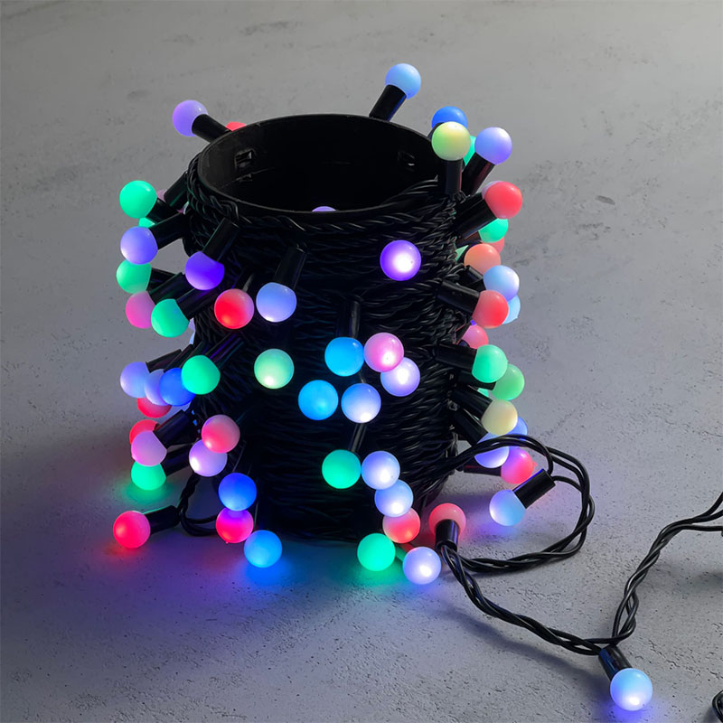 Гирлянда “Шарики” 10 м RGB с Мерцанием, 100 LED, 18 мм, Чёрный ПВХ, IP65, LTC